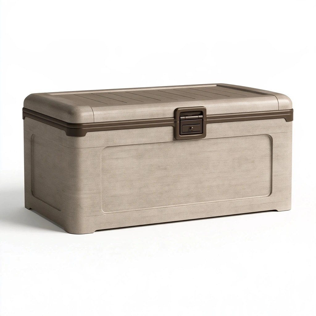 Coffre de rangement 80 x 45 x 43 cm en plastique beige avec couvercle à loquet