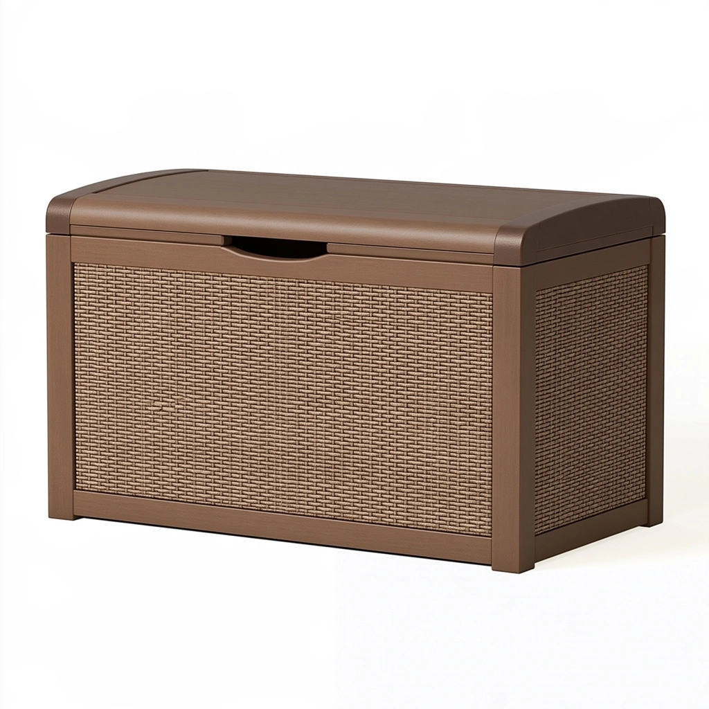 Coffre de rangement 100 x 50 x 55 cm en résine tressée marron pour extérieur style contemporain