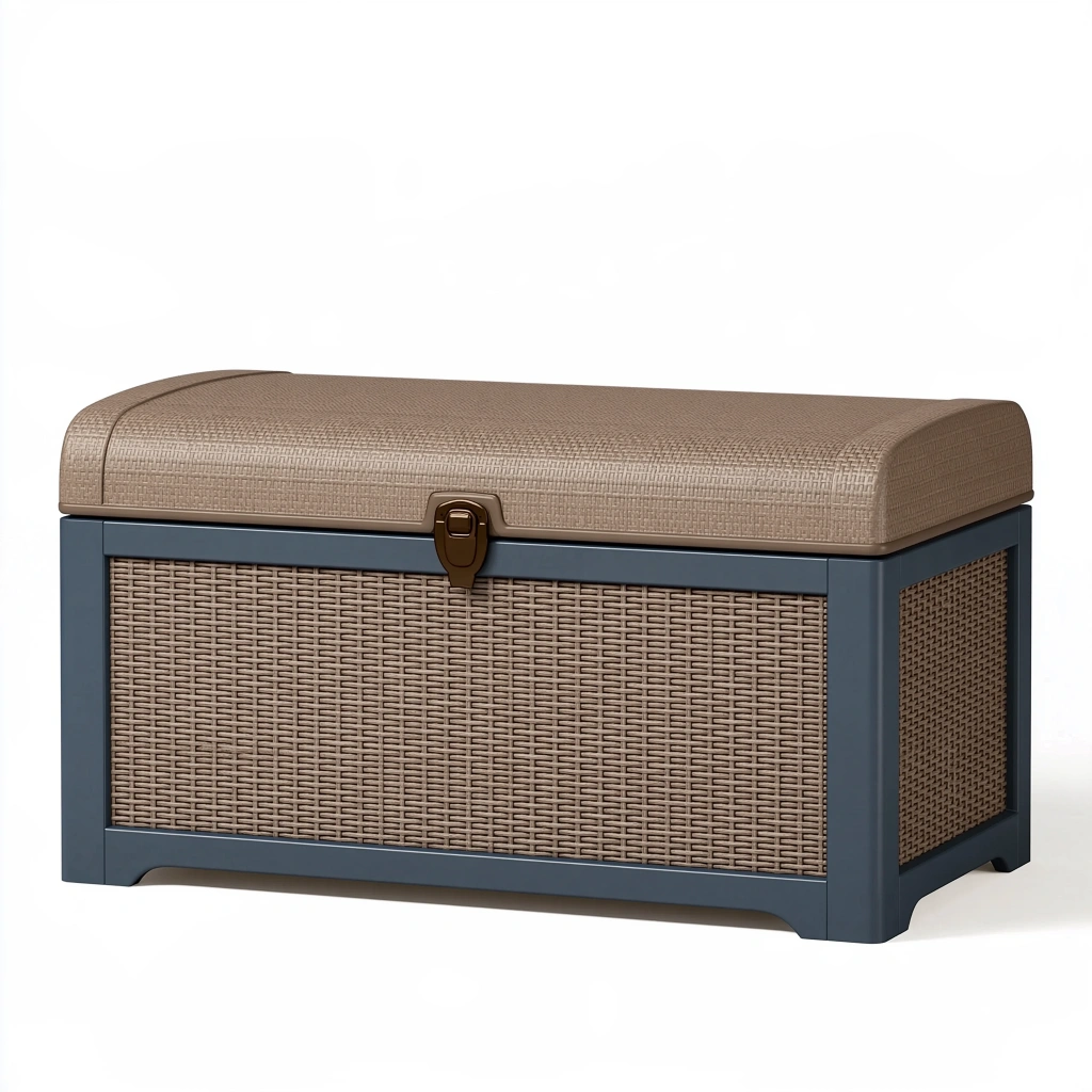 Banc coffre de rangement 100 x 45 x 50 cm en résine tressée beige et bleu gris avec assise rembourrée