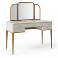 Coiffeuse 120 x 45 x 150 cm blanche et dorée avec miroir triptyque et 6 tiroirs style classique