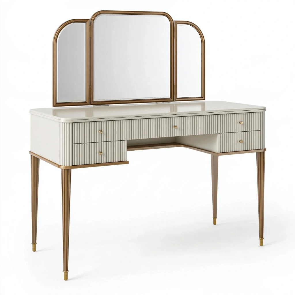 Coiffeuse 120 x 45 x 150 cm blanche et dorée avec miroir triptyque et 6 tiroirs style classique