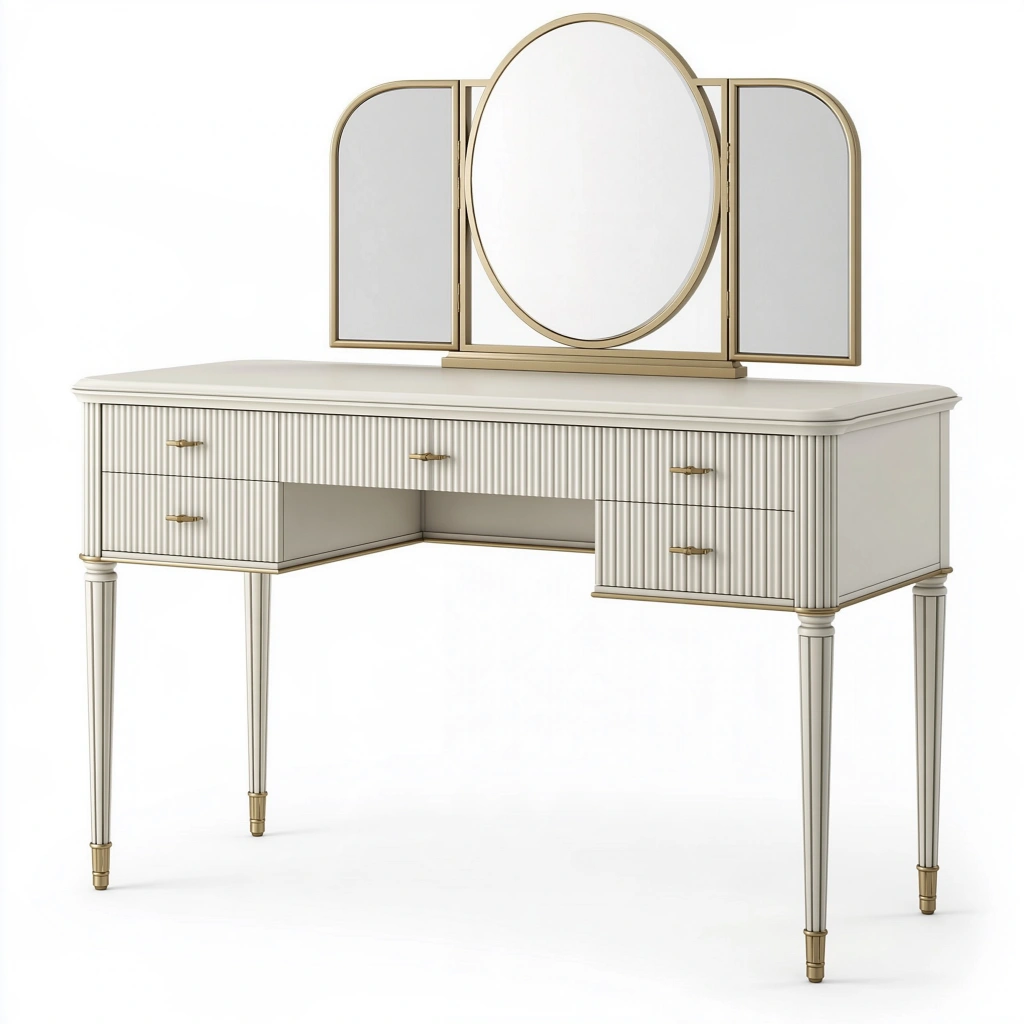 Coiffeuse 120 x 50 x 150 cm blanche et dorée avec miroir triptyque et tiroirs style classique