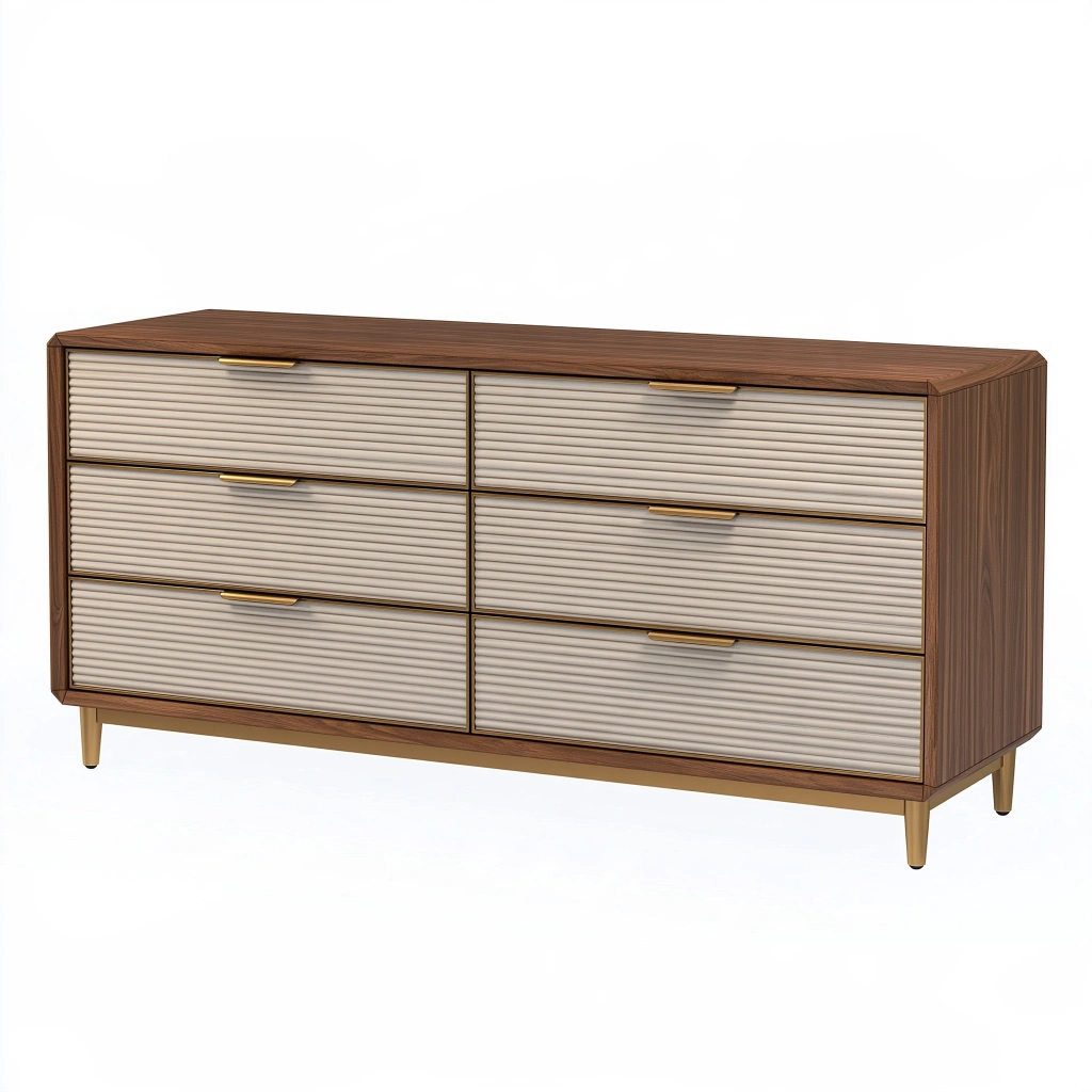 Commode 160 x 45 x 80 cm effet bois noyer et beige à 6 tiroirs style moderne