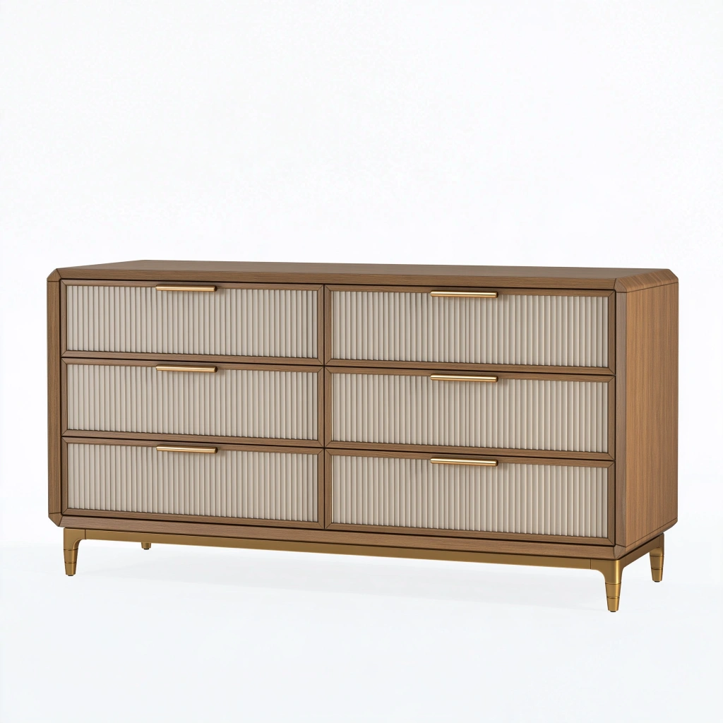 Commode 180 x 45 x 90 cm en bois brun et tissu beige à 6 tiroirs style contemporain