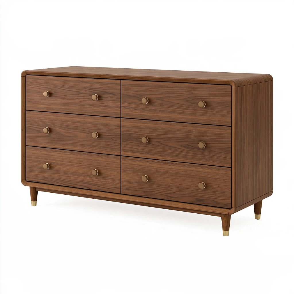 Commode 140 x 45 x 80 cm en bois brun noyer à 6 tiroirs style rétro