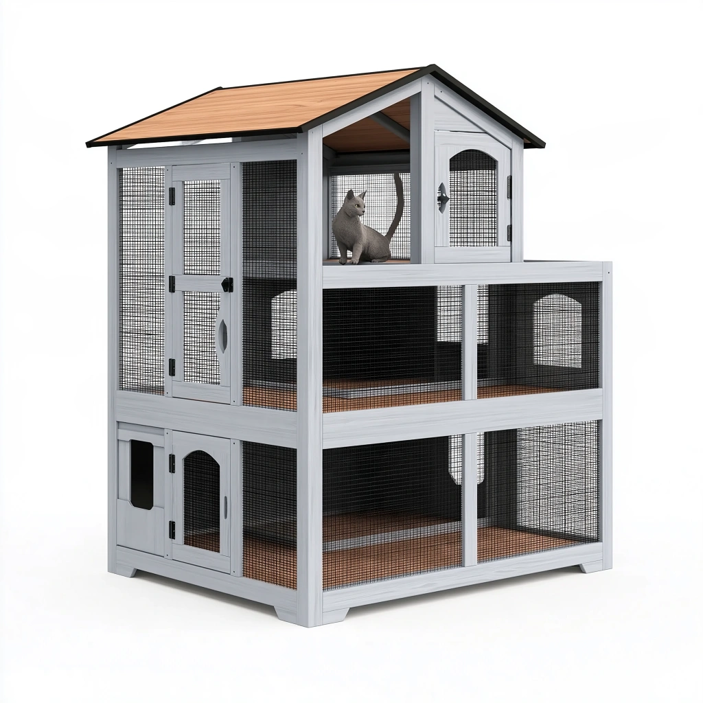 Enclos extérieur pour chat 120 x 60 x 170 cm en bois gris avec grillage métallique et toit