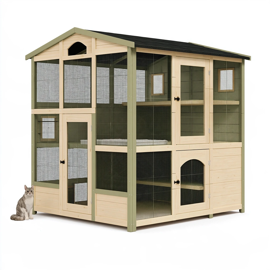 Enclos pour chat 180 x 100 x 180 cm en bois naturel vert avec grillage et toit