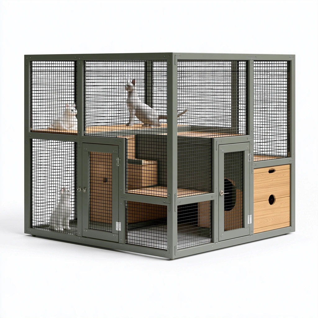 Enclos pour chats 120 x 60 x 120 cm en métal et bois vert kaki avec plateformes
