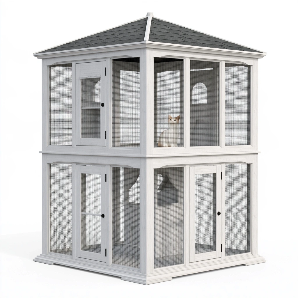Enclos extérieur pour chat 120 x 120 x 220 cm en bois blanc et grillage à deux niveaux