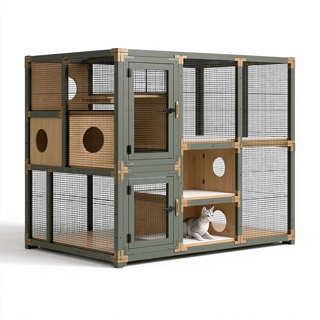 Enclos pour chat 180 x 90 x 170 cm en bois et métal vert kaki avec plateformes