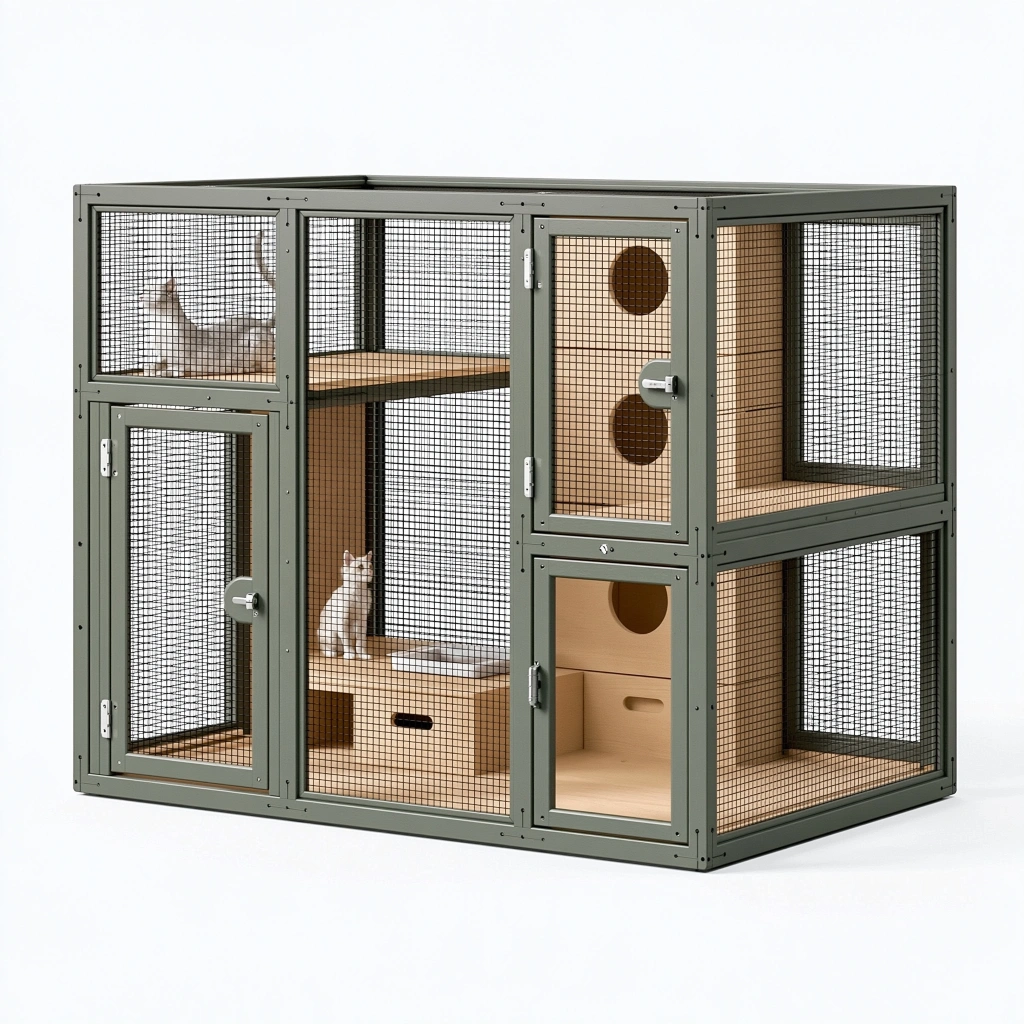 Enclos pour chat 120 x 60 x 120 cm en métal et bois beige vert avec plateformes