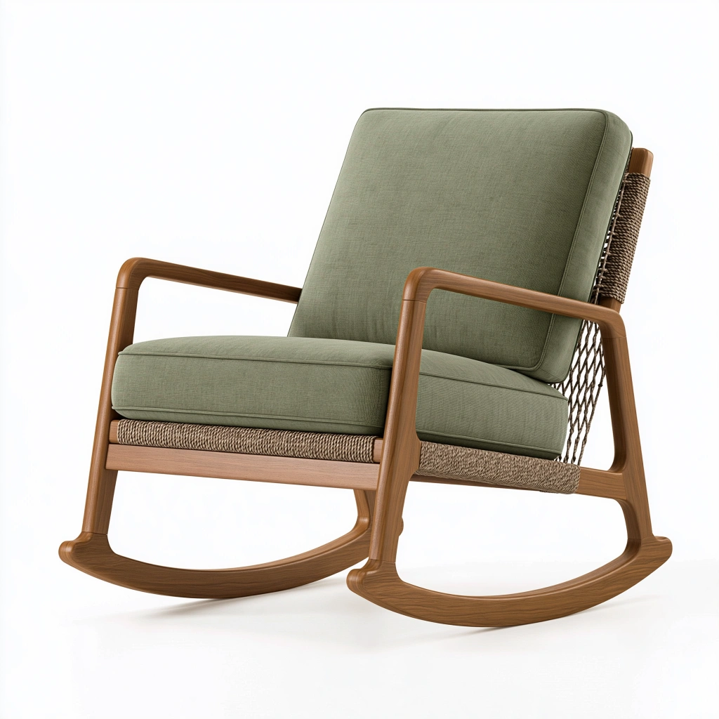 Fauteuil à bascule 75 x 68 x 92 cm en bois tissu vert et fibre tressée - Style contemporain