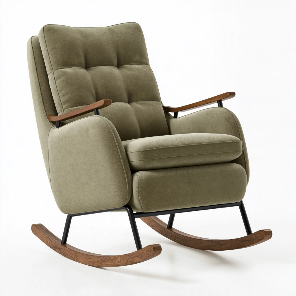 Fauteuil à bascule 85 x 100 x 105 cm en tissu vert kaki avec accoudoirs en bois style rétro