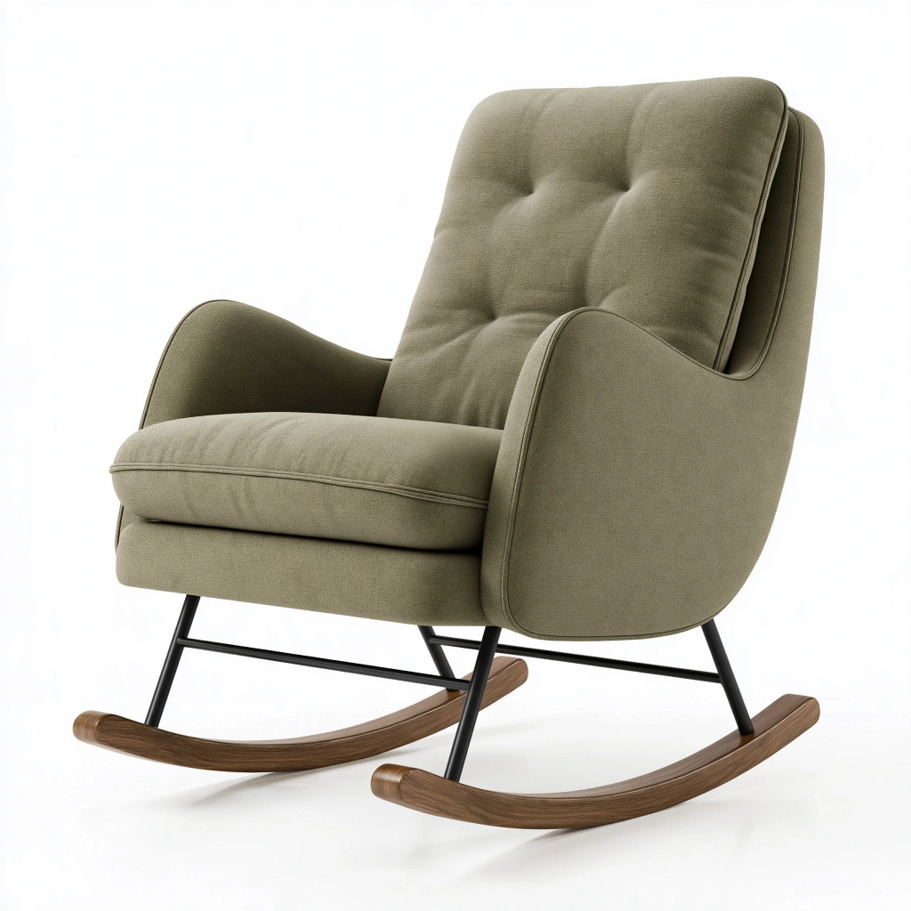 Fauteuil à bascule 70 x 95 x 100 cm en tissu vert avec patins en bois style contemporain