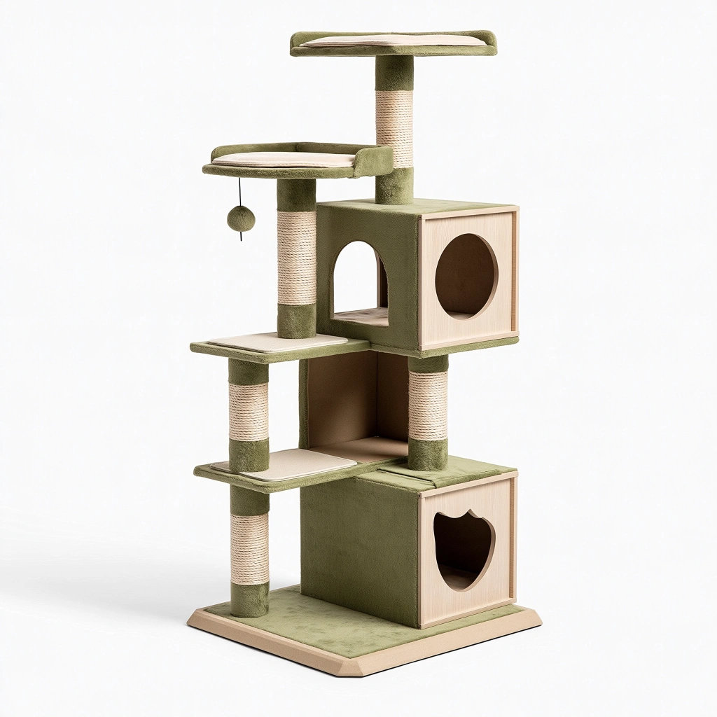 Arbre à chat 60 x 50 x 150 cm vert en tissu et sisal avec niches plateformes et griffoirs
