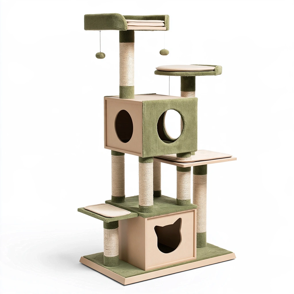 Arbre à chat 60 x 50 x 150 cm vert beige en panneaux de bois avec griffoirs et niches