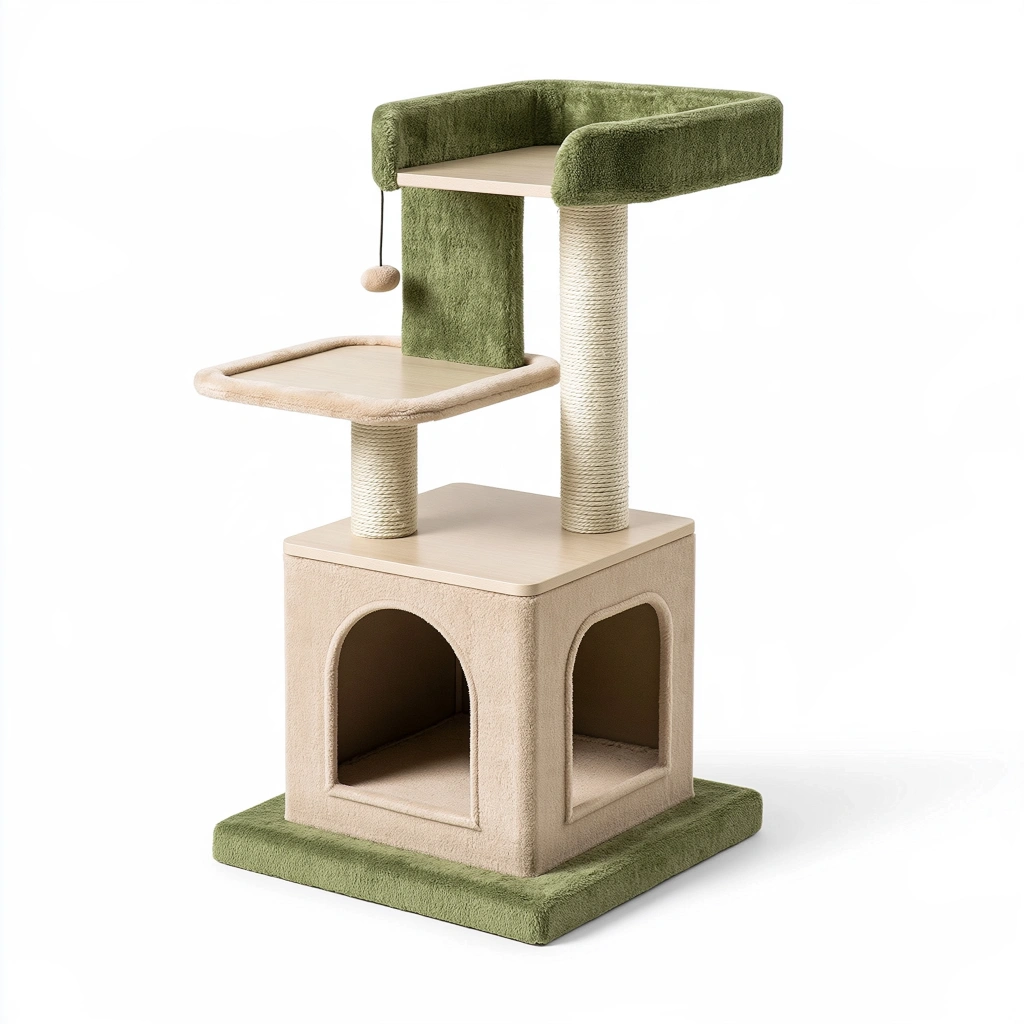Arbre à chat 60 x 50 x 120 cm en bois et peluche vert beige - griffoirs et niche